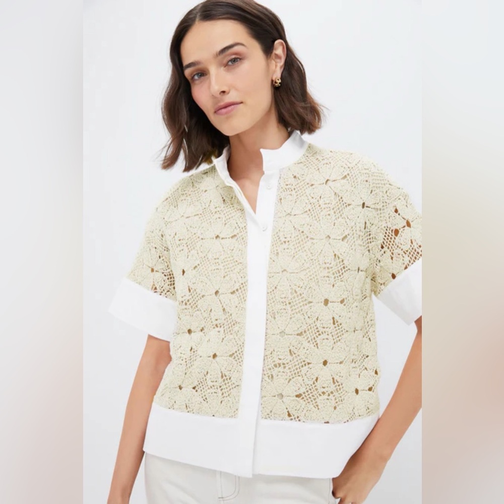 Tuckernuck Cream Crochet Short-Sleeve Cardigan with White Trim